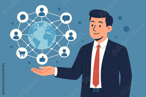 Businessman holding global network. Customer data exchange connection. Digital marketing. Social media communication. Internet technology for business strategy and growth concept.