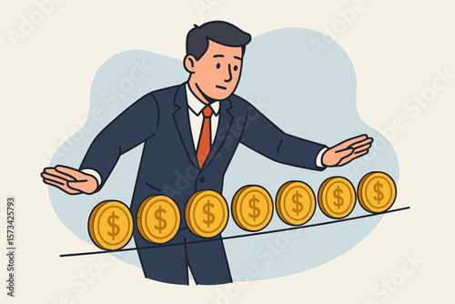 Businessman balancing gold coins on a tightrope. Financial risk, investment instability, and economic crisis concept. Managing money and protecting savings. Flat vector design.