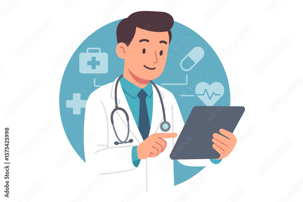 Male Doctor Using Digital Tablet on Medical Interface, Healthcare Technology, Stethoscope, Modern Hospital, Online Consultation, Flat Vector Illustration Male Doctor Using Digital Tablet on Medical Interface, Healthcare Technology, Stethoscope, Modern Hospital, Online Consultation, Flat Vector Illustration
