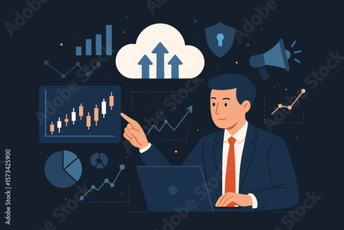 Businessman working financial trading and digital marketing. Cloud computing and data analysis. Cyber security on virtual interface. Stock market investment technology.