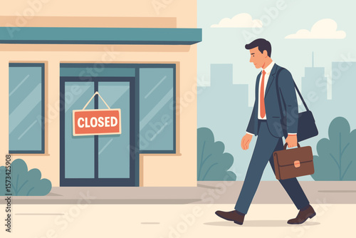 Sad businessman walking away from closed store. Business closing down, out of business concept. Economic crisis, recession, unemployment, and bankruptcy vector illustration.