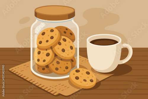 Chocolate chip cookies in a glass jar with a cup of coffee. Cozy morning breakfast concept. Homemade sweet dessert food vector. Flat cartoon illustration for a cafe menu.