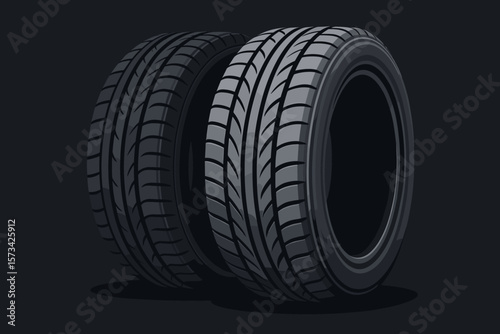 Realistic Car Tires Close-Up, Modern Vector Illustration, Detailed Tread Pattern, Automotive Parts, Black Rubber Wheels, Isolated on Dark Background, Vehicle Maintenance Concept
