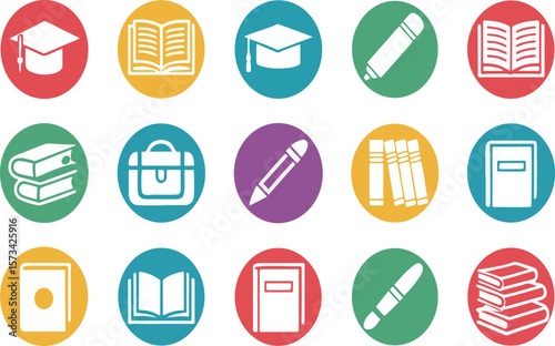 Collection of colorful educational icons featuring books, pens, graduation caps, and school supplies.