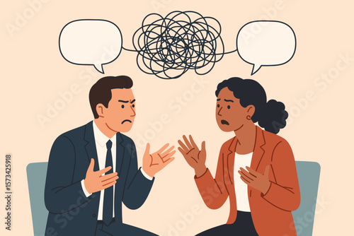 Concept of communication problem, misunderstanding, chaos. Man and woman arguing. Conflict of opinion. Tangled scribble as a metaphor for messy conversation and confusion.