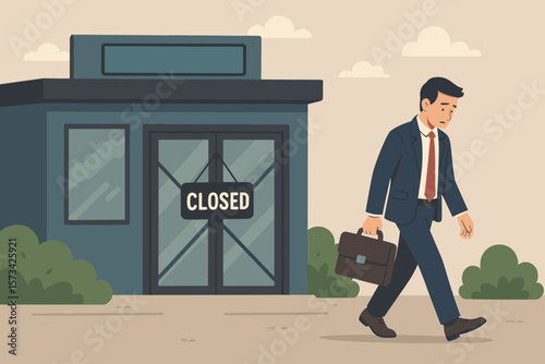 Sad businessman walking away from closed store. Business closure, going out of business concept. Financial crisis, recession, bankruptcy metaphor. Jobless, unemployment.