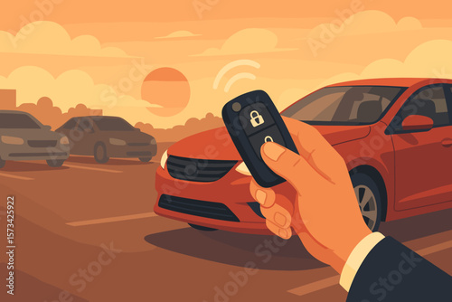 Businessman hand unlocking car with remote control keyless entry system in a parking lot at sunset. Modern flat vector cartoon illustration of vehicle security alarm concept.