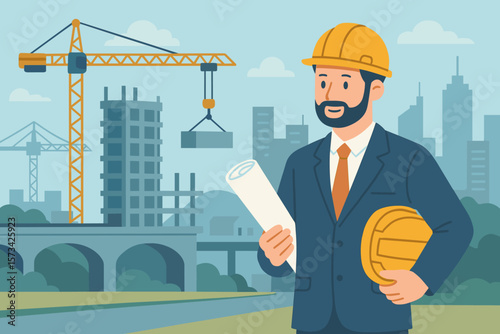 Construction engineer manager at building site with blueprint. Architect with safety helmet. Urban development project. Real estate industry. City infrastructure background. Vector.