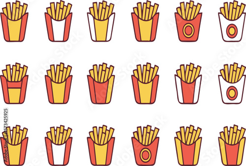 Cartoon illustration of golden french fries in different types of fast food containers