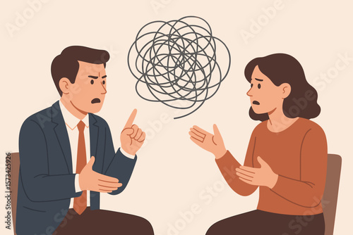 Communication problem, misunderstanding, confusion concept. Conflict of opinion, discussion between man and woman. Chaos in conversation, argument in meeting. Tangled thoughts.