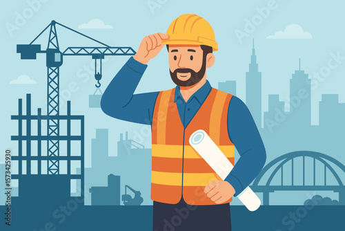 Construction engineer or architect holding a blueprint at a building site. City background with crane. Industrial project and infrastructure development. Safety concept.