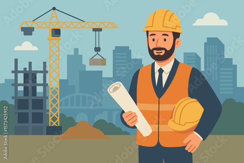 Construction engineer or architect holding a blueprint on a building site. Concept of industrial project, infrastructure development, real estate, and urban planning. Vector.
