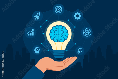 Creative idea and innovation concept. Hand holding light bulb with brain and icon network. Business strategy, technology, startup, solution for success and market growth.