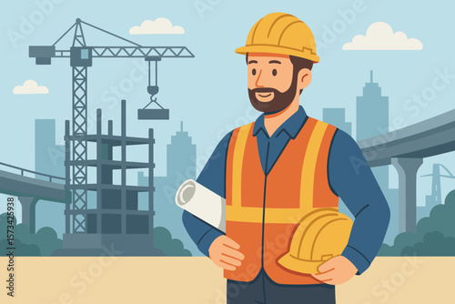 Construction worker engineer with helmet holding blueprint at building site. City background with crane and infrastructure. Industrial vector illustration for architecture project.