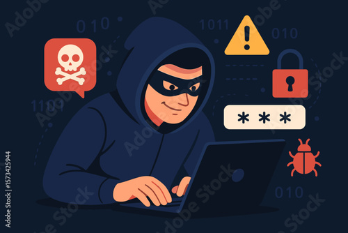 Hacker in Hoodie Performing Cyber Attack, Computer Crime, Password Hacking, Data Breach, Malware, Security Warning, Flat Vector Illustration, Digital Threat, Cybersecurity Concept
