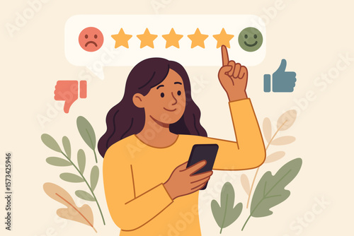 Customer experience concept. Woman giving a positive five-star rating on a mobile phone. User satisfaction, online review, and feedback for product or service. CX/UX design.
