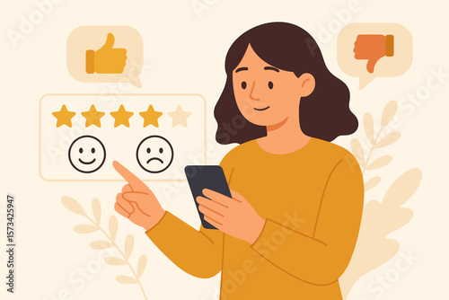 Customer experience concept. Woman giving online feedback and positive rating with smartphone. User satisfaction survey, CX and UX design review with star and face icons.