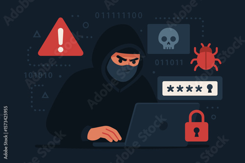 Cyber attack and computer crime concept with hacker in dark background, password hacking, data breach, malware, security threat, modern flat vector cartoon illustration