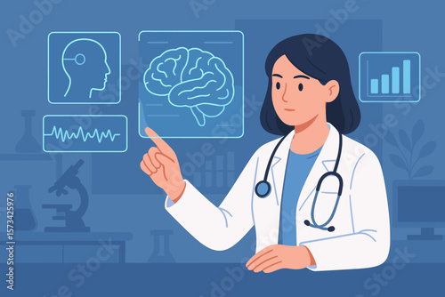 Female doctor analyzing brain scan results using futuristic virtual interface in laboratory. Neurology, neuroscience, medical technology, innovation in healthcare, research concept.