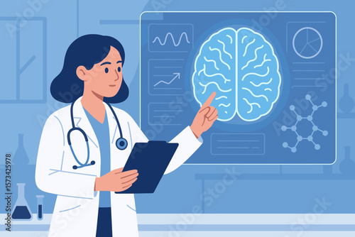 Neurologist analyzing brain scan results with digital interface in laboratory. Modern medical technology, neuroscience research, healthcare innovation, science concept vector illustration.