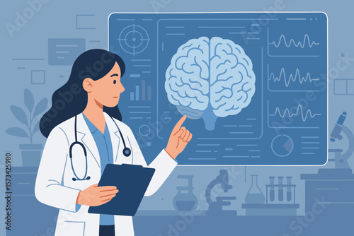 Female Doctor Analyzing Brain Scan Results with Digital Interface, Neuroscience Laboratory, Medical Technology, Brain Health, EEG, Research, Innovation, Science Concept, Modern Vector Illustration