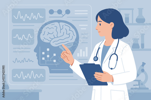 Neurologist Analyzing Brain Scan Results with Digital Interface, Medical Technology, Laboratory Research, Neuroscience, EEG Data, Innovation in Healthcare, Flat Vector Illustration