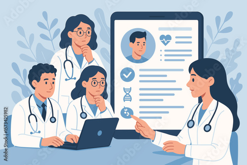 Medical Team Collaboration Analyzing Patient Health Data in Electronic Medical Record on Digital Tablet, Modern Hospital, Healthcare Professionals, Flat Vector Illustration