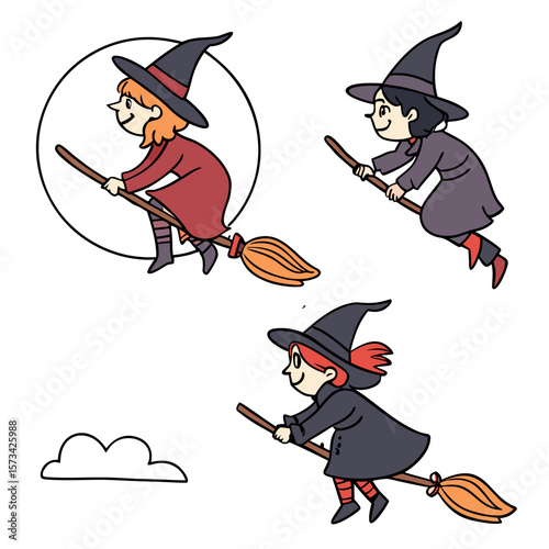 Three cute cartoon witches flying on brooms with hats and dresses against a white background with a circle and a cloud illustration for halloween celebrations
