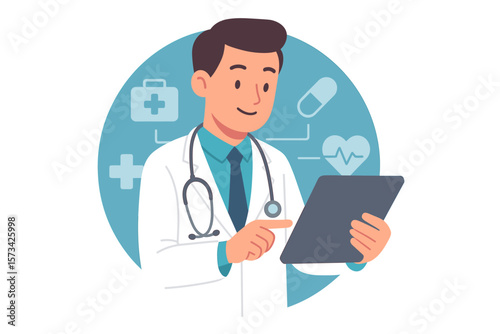 Male Doctor Using Digital Tablet on Medical Interface, Healthcare Technology, Stethoscope, Modern Hospital, Online Consultation, Flat Vector Illustration