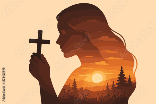 Double Exposure Silhouette Woman Praying Holding Cross at Sunset, Faith Hope Spirituality Nature Landscape, Christian Religion, Sunrise Meditation, Forest Field Scene, Inspirational Vector Art