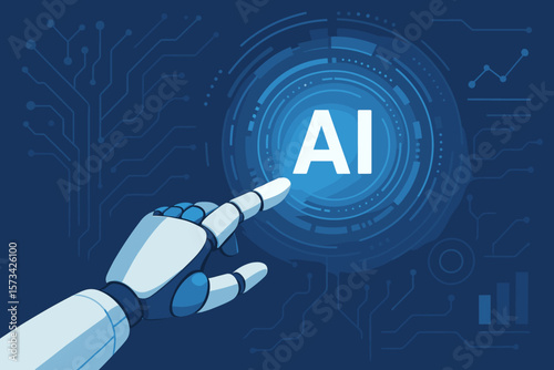 Robotic Hand Touching Futuristic AI Interface, Artificial Intelligence, Machine Learning, Digital Innovation, Technology Connection, Data Network, Automation, Cybernetics, Virtual Intelligence