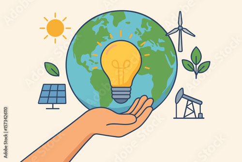 Hand Holding Light Bulb in Front of Earth Globe, Global Energy Consumption Concept, Renewable and Nonrenewable Energy Sources, Sustainable Development, Solar, Wind, Oil, Ecology, Environment