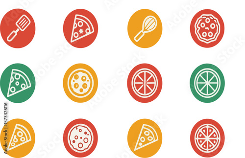 Colorful circular icons featuring pizza slices, pizza, and kitchen utensils for design elements