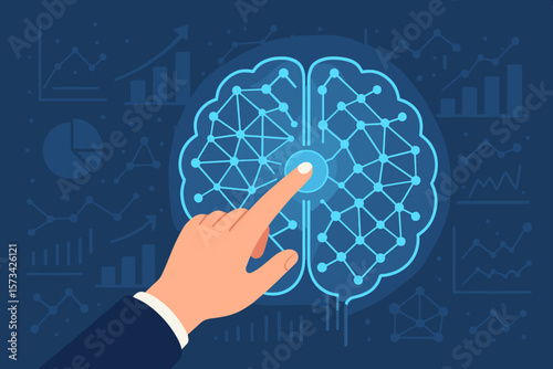 Human hand activating artificial intelligence brain network, machine learning, neural network, futuristic technology, business analytics, innovation, data visualization concept