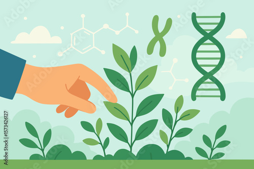 Genetic Engineering in Plants Concept. Hand Touching Greenery with DNA Helix, Chromosome, Biochemistry Structures. Modern Flat Vector Illustrating Plant Biotechnology Research