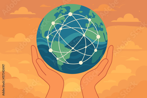 Hands holding Earth globe with network nodes, global data exchange, worldwide customers, flat vector cartoon, sunset background, digital communication, global connectivity
