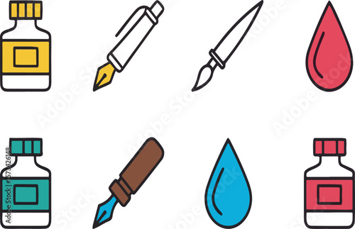 Colorful illustration of ink bottles pens paintbrush and drops with minimalistic outlines