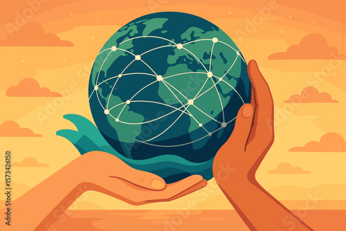 Global Network Connectivity, Data Exchange, and Communication Concept—Hands Holding Earth with Interconnected Nodes, Worldwide Collaboration, Sunset Background, Modern Flat Vector Illustration