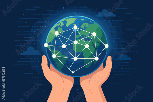 Hands Holding Connected Global Network. Blockchain Technology, Data Exchange, Big Data Stream, Cloud Computing, Internet Communication, Digital Connectivity, Social Media Concept