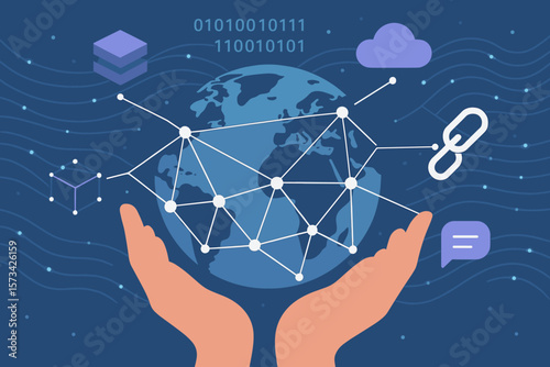 Global Network Connection in Hands. Blockchain Technology, Data Exchange, Big Data Stream, Cloud Computing, Internet Communication, Social Media, Digital Link, Futuristic Concept