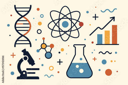Science innovation concept with DNA helix, atom, molecule, microscope, flask, graph. Laboratory research, biotechnology, chemistry, education, scientific discovery, data analysis vector