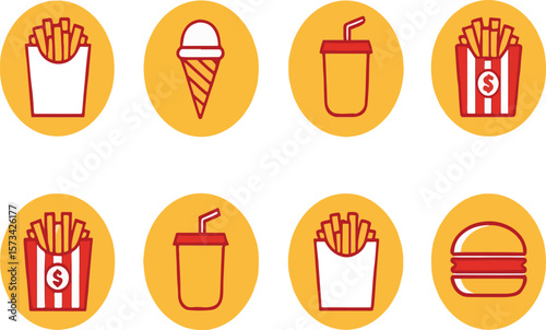 Colorful illustrations of fast food icons displayed in circular yellow backgrounds