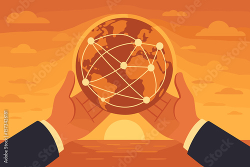 Business Hands Holding Global Network Sphere, International Data Exchange, Customer Connection, Digital Communication, Sunset Background, Modern Flat Vector Illustration