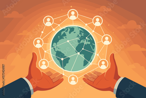 Global Business Network Connection, Data Exchange, Customer Communication, Social Connection, Hands Holding Earth, Sunset, Modern Vector Illustration
