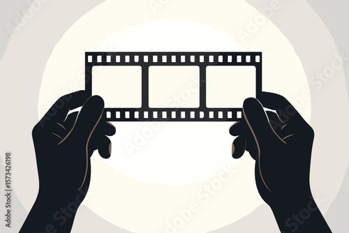 Silhouette Hands Holding Blank Film Strip Frame. Vintage Cinema Concept. Empty Photo Negative. Movie Reel. Retro Photography Symbol. Film Industry Icon. Creative Space. Isolated Vector Illustration.