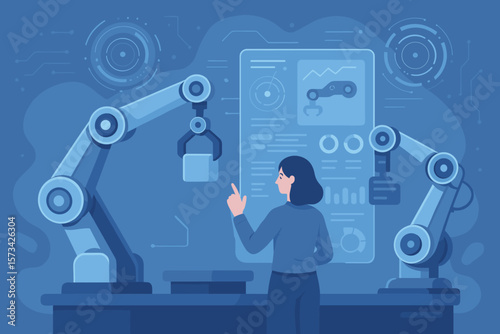 Futuristic Smart Robotic Arms Automation, Industrial Robot Control, Intelligent Monitoring Software, Factory Technology, Industry 4.0 Innovation, Flat Vector Illustration
