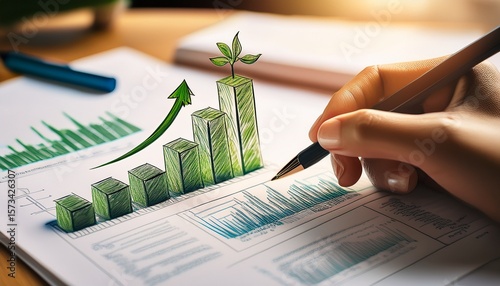 sustainability and data analysis a close up of a hand sketching sustainable growth metrics on paper