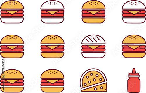 Delicious fast food burgers in colorful flat style illustrations for dietary and food concept
