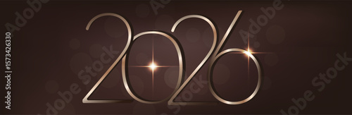 Happy new year 2026. Holiday greeting luxury card design. 3D Shiny gold realistic numbers isolated on light brown background. 