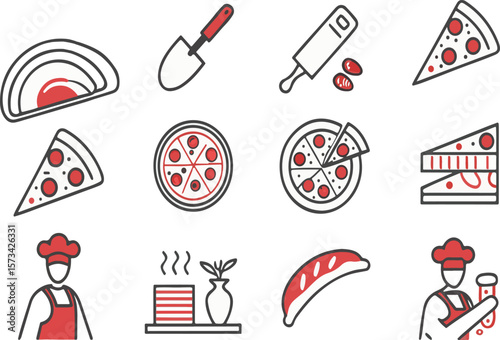 Delicious pizza icons featuring chefs and cooking tools for restaurant designs